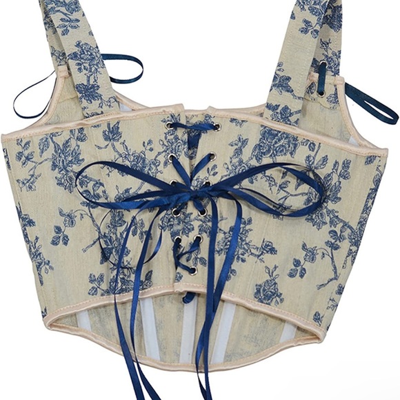 Blue Cream Floral Tapestry Corset Lace Up Top, Y2K inspired, NWT - Picture 5 of 7
